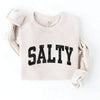 Beige sweatshirt with 'SALTY' text on a white background