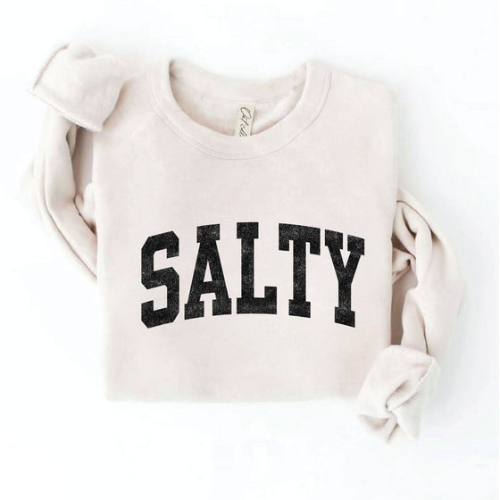 Beige sweatshirt with 'SALTY' text on a white background