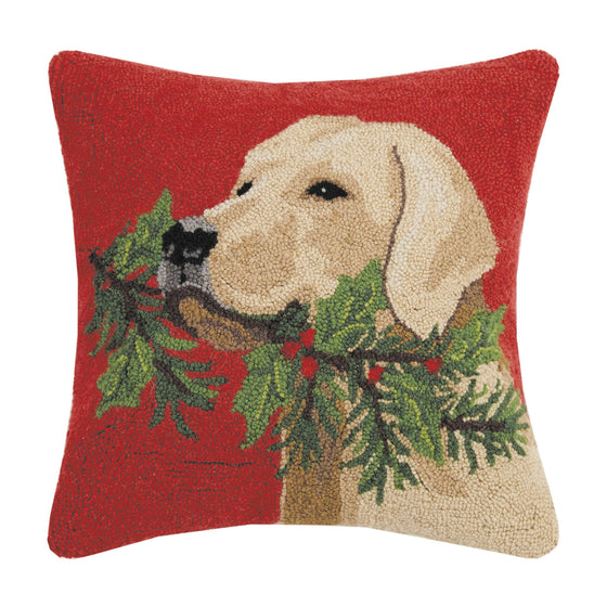Golden Lab Dog With Holly Branch Pillow