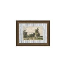  Framed artwork of a landscape with trees on a striped background