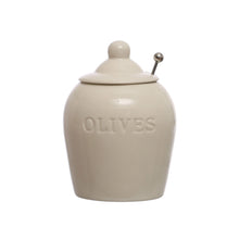  Debossed Stoneware Jar w/ Slotted Spoon "Olives", Set of 2