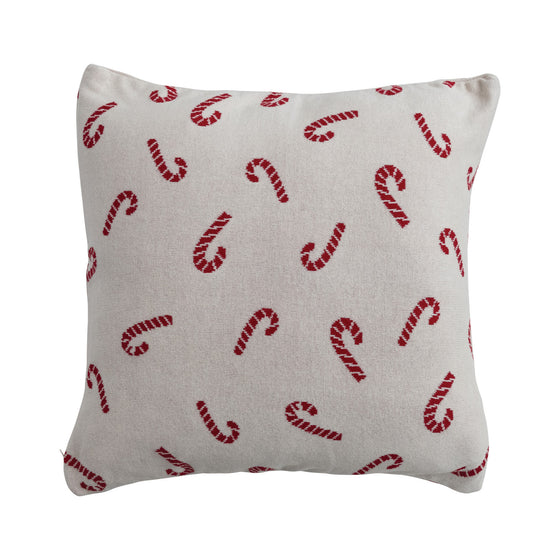 20" Square Cotton Knit Pillow with Candy Cane Pattern