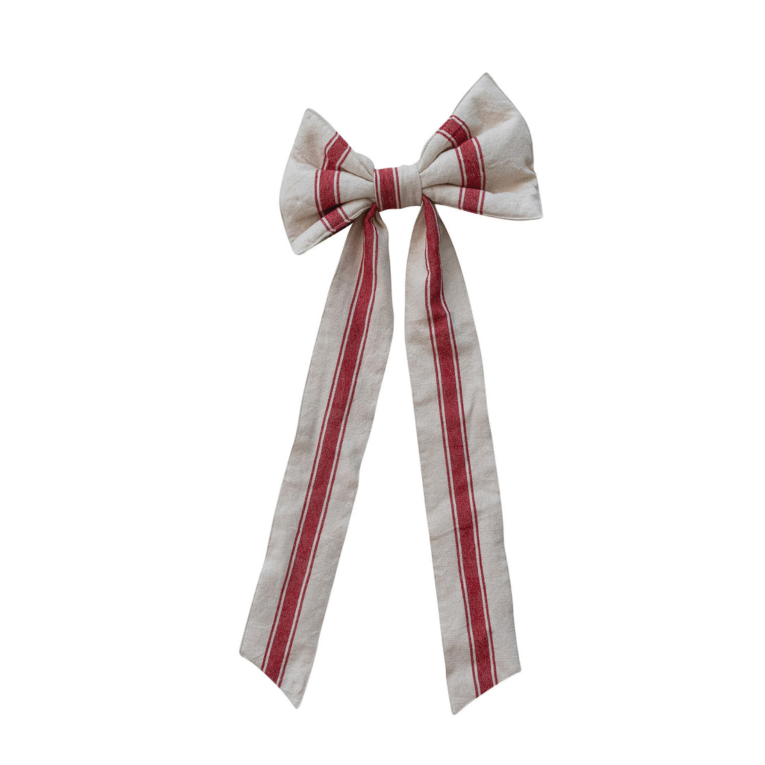  21"L x 10"W Woven Cotton Clip-on Bow with Stripes, Natural & Red