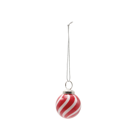 Hand-Blown Glass Ball Ornament with Swirled Stripes, Red & White